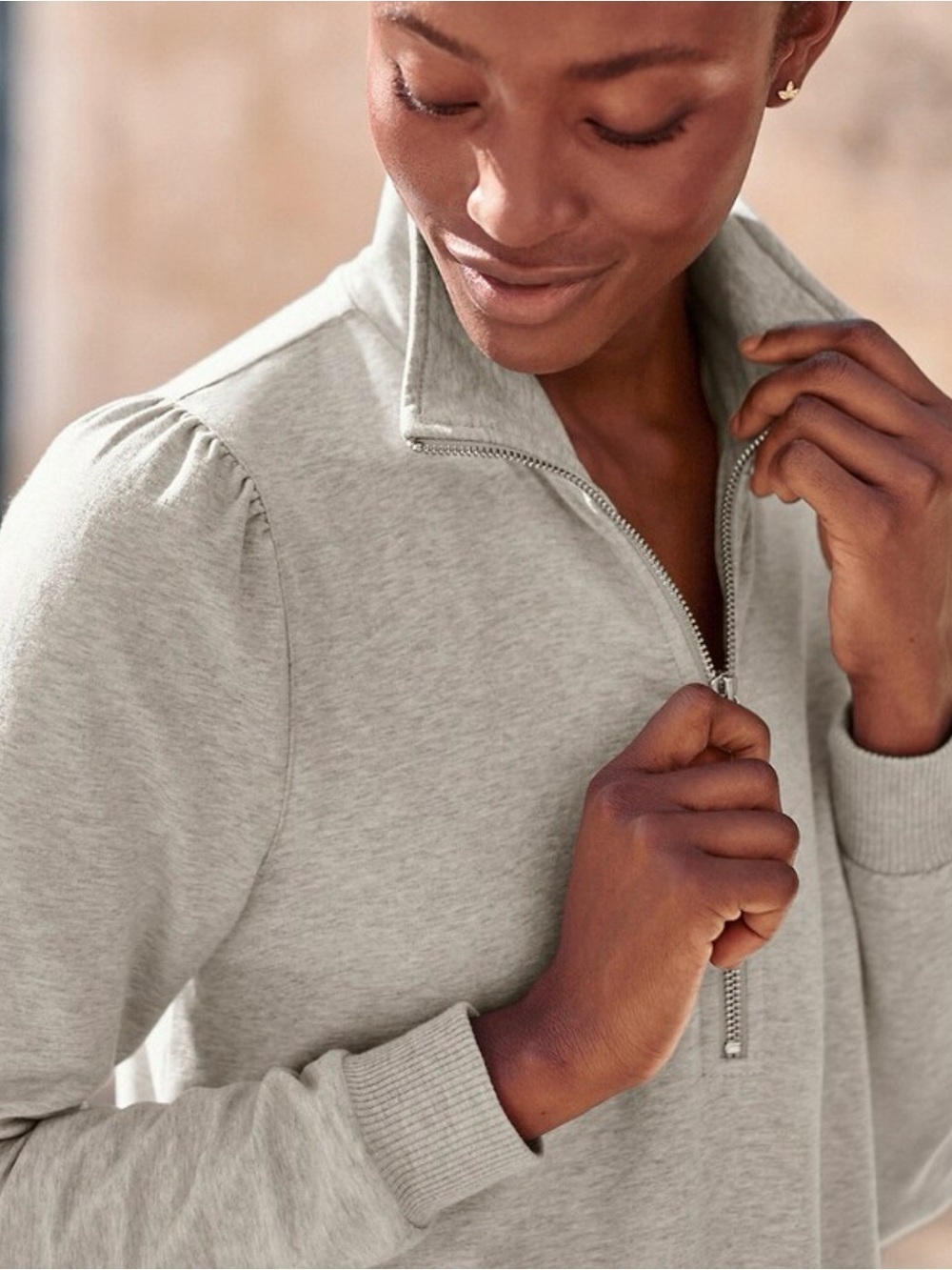 Garnet Hill Brushed Back French Terry Pull-On Gray Quarter Zip Dress Small